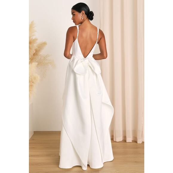 NWT Lulus Blissfully Beloved Ivory Backless A-Line Bow Maxi Dress Bridal Size M - Picture 3 of 10